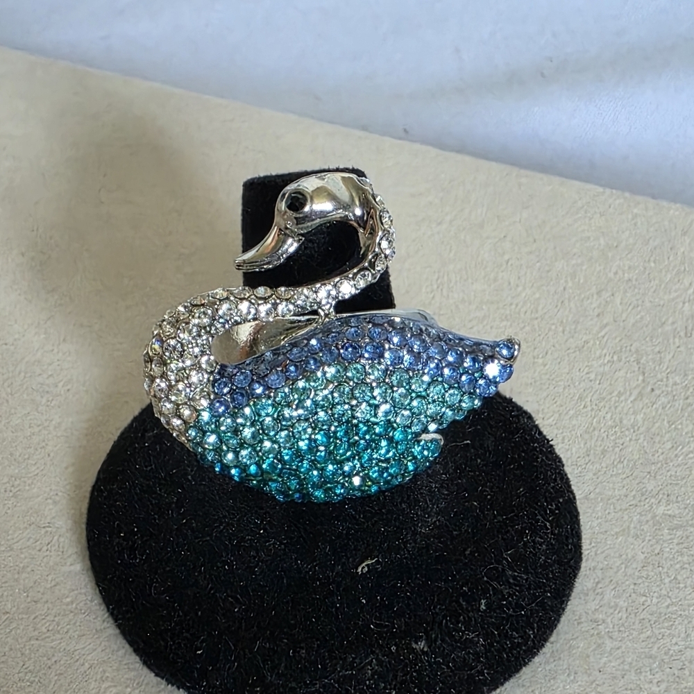 Statement Silver Ring Swan with Blue Green Rhinestones